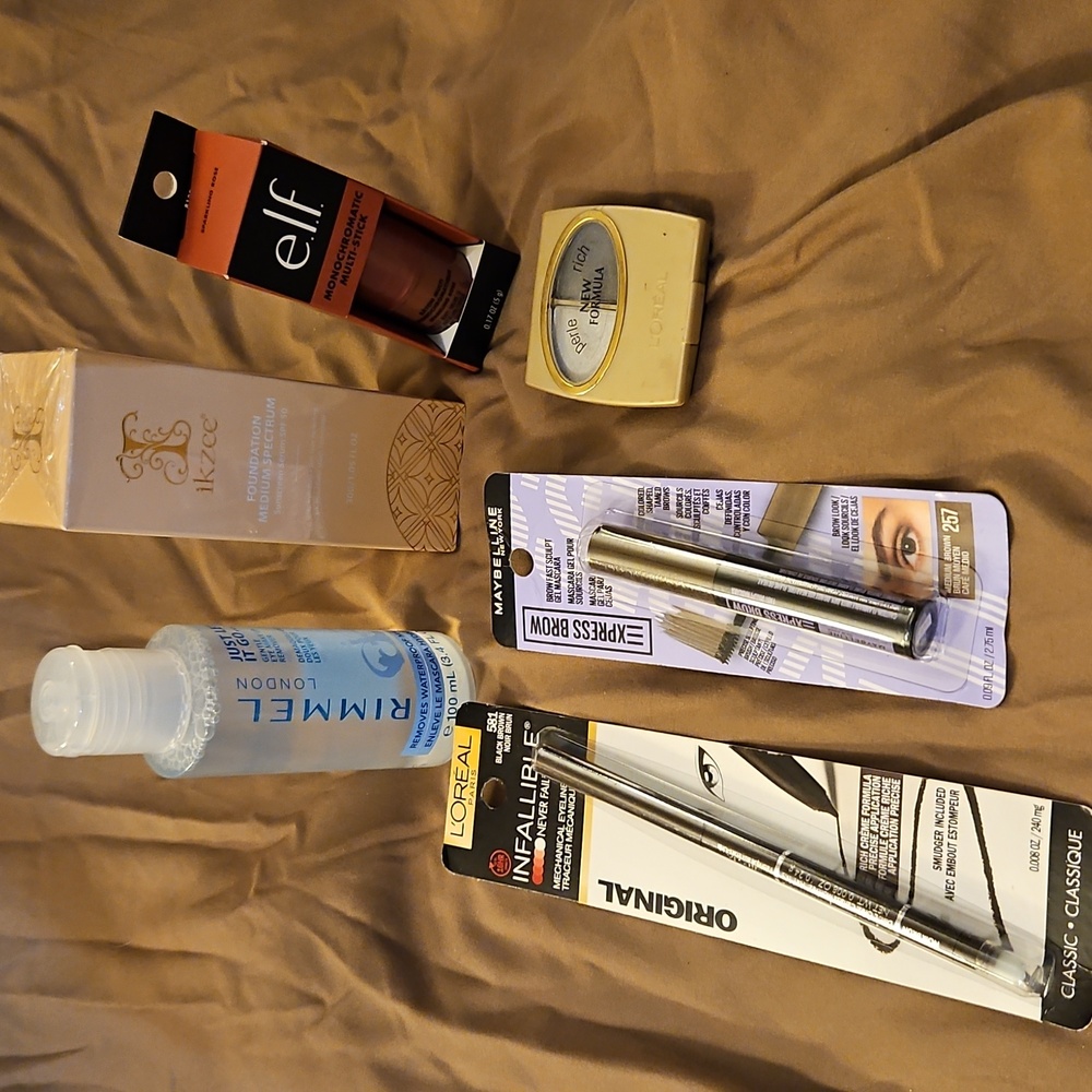 Maybelline Express Brow, Loreal Eye Liner, Elf Monochrome Stick, Ikzee Foundatio